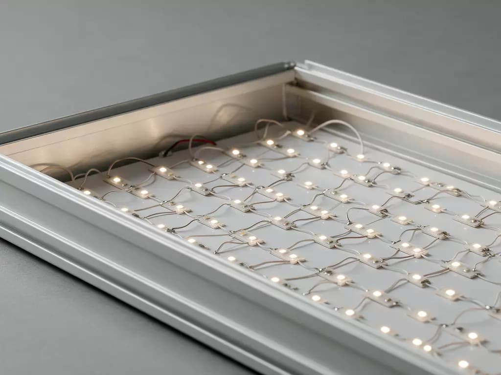 Rzędy świecących modułów LED wewnątrz otwartej aluminiowej ramy kasetonu